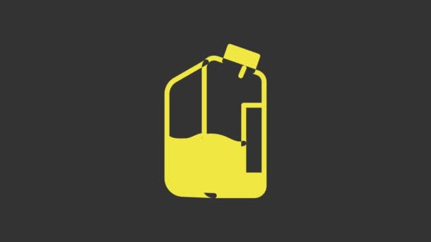 Желтый значок бутылки с чернилами принтера изолирован на сером фоне. Видеографическая анимация 4K — стоковое видео