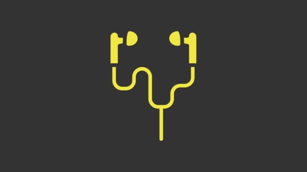 Yellow Air hoofdtelefoon pictogram geïsoleerd op grijze achtergrond. Houder draadloos in het geval oortelefoons garniture elektronische gadget. 4K Video motion grafische animatie — Stockvideo