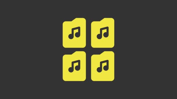 灰色の背景に隔離された黄色の音楽ファイルのドキュメントアイコン。デジタルオーディオリフファイルの波形オーディオファイル形式。4Kビデオモーショングラフィックアニメーション — ストック動画