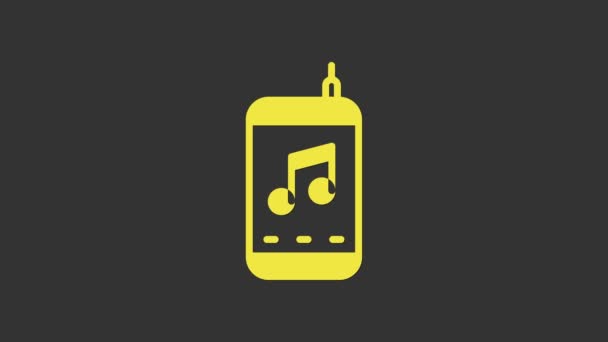 Icona del lettore musicale giallo isolato su sfondo grigio. Dispositivo musicale portatile. Animazione grafica 4K Video motion — Video Stock