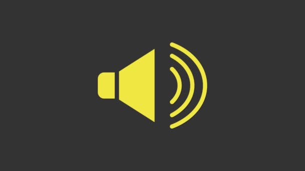 Жовтий динамік гучності, звуковий звуковий символ, піктограма медіа-музики ізольовані на сірому фоні. 4K Відео рух графічна анімація — стокове відео