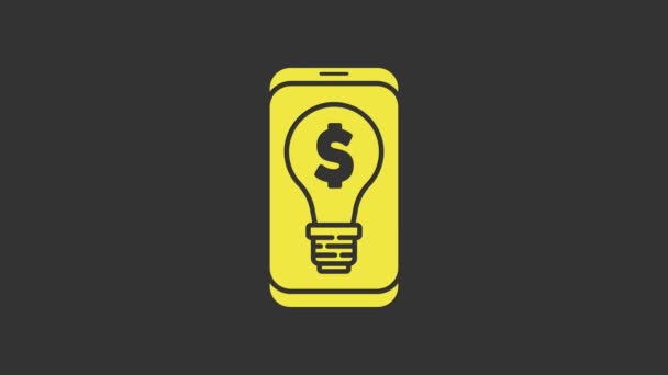 회색 배경에는 스마트폰 스크린 아이콘에 달러가 붙어 있는 노란색 비즈니스의 전구가 분리되어 있습니다. 사용자 터치 스크린. 4K 비디오 모션 그래픽 애니메이션 — 비디오