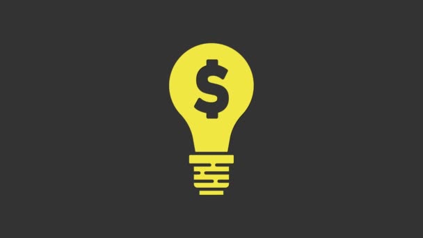 Lâmpada amarela com símbolo de dólar ícone isolado no fundo cinza. Dinheiro a fazer ideias. Conceito de inovação Fintech. Animação gráfica em movimento de vídeo 4K — Vídeo de Stock