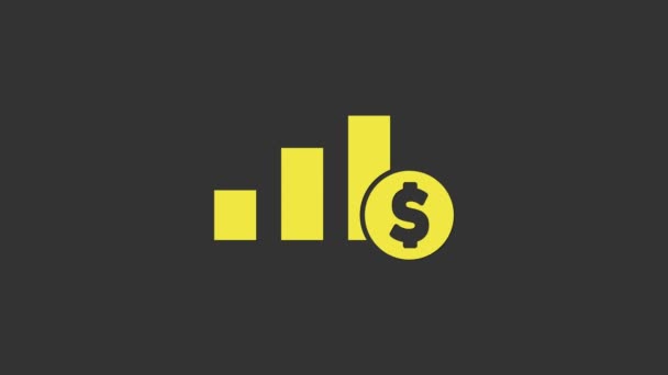 Żółty wykres Pie infografika i symbol dolara ikona izolowane na szarym tle. Znak diagramu. 4K Animacja graficzna ruchu wideo — Wideo stockowe