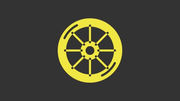 Gul cykel hjul ikon isolerad på grå bakgrund. Cykeltävling. Extrem sport. Sportutrustning. 4K Video motion grafisk animation — Stockvideo