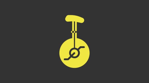 옐로 유니 사이클 (Yellow Unicycle) 또는 바퀴 자전거 아이콘 하나는 회색 배경에 분리되어 있다. 모노 휠 자전거. 4K 비디오 모션 그래픽 애니메이션 — 비디오