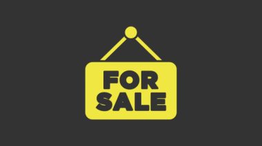 Gri arkaplanda satılık simgesi yazılı sarı asma işareti. Satılık mesajlı pano. 4K Video hareketli grafik canlandırması