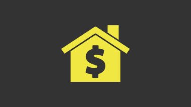 Gri arkaplanda dolar sembolü olan sarı ev. Ev ve para. Emlak konsepti. 4K Video hareketli grafik canlandırması