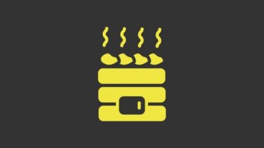 Sarı Sıcak Sauna Taşları simgesi gri arkaplanda izole edildi. Spa tatil beldesi, hamamda dinlenme. Elektrikli ısıtıcıda sıcak taşlar. 4K Video hareketli grafik canlandırması