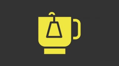 Sarı çay fincanı, gri arka planda izole edilmiş çay poşeti ikonu. 4K Video hareketli grafik canlandırması