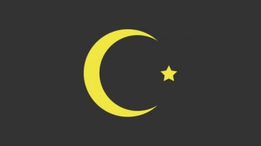 Sarı Yıldız ve Hilal - gri arka planda izole edilmiş İslam ikonunun sembolü. Din sembolü. 4K Video hareketli grafik canlandırması