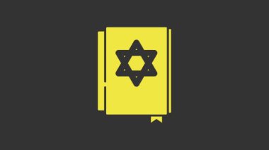 Sarı Yahudi torah kitabı ikonu gri arka planda izole edilmiş. Musa 'nın Pentateuch' u. İncil 'in kapağında Davut Yıldızı' nın resmi var. 4K Video hareketli grafik canlandırması