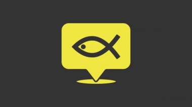 Sarı Hristiyan balık sembolü gri arkaplanda izole edilmiş. İsa 'nın balık sembolü. 4K Video hareketli grafik canlandırması