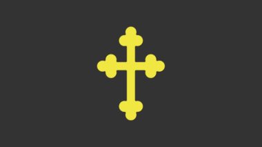 Sarı Hıristiyan haç simgesi gri arkaplanda izole edildi. Kilise haçı. 4K Video hareketli grafik canlandırması