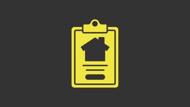 Yellow House εικονίδιο σύμβασης απομονώνονται σε γκρι φόντο. Υπηρεσία δημιουργίας σύμβασης, διαμόρφωση εγγράφων, σύνθεση εντύπου αίτησης. 4K Γραφική κίνηση κίνησης βίντεο — Αρχείο Βίντεο