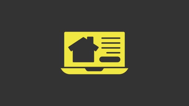 옐로우 온라인 부동산은 회색 배경에서 분리 된 노트북 아이콘 위에 있다. 주택 대출 개념, 렌트, 구매, 부동산 구입. 4K 비디오 모션 그래픽 애니메이션 — 비디오