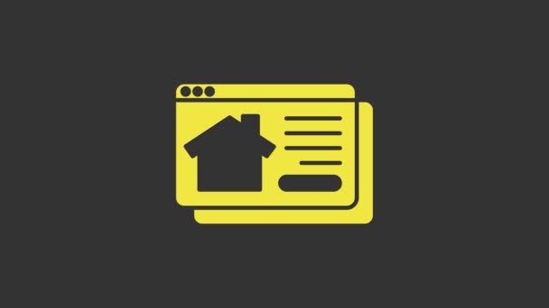 Yellow Online realitní dům v prohlížeči ikona izolované na šedém pozadí. Koncept úvěru na bydlení, nájem, koupě, koupě nemovitosti. Grafická animace pohybu videa 4K — Stock video