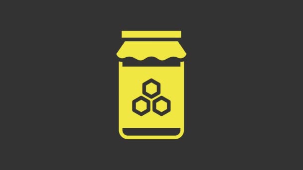 Tarro amarillo de miel icono aislado sobre fondo gris. Banco de alimentos. Dulce símbolo de comida natural. Animación gráfica de vídeo 4K — Vídeos de Stock