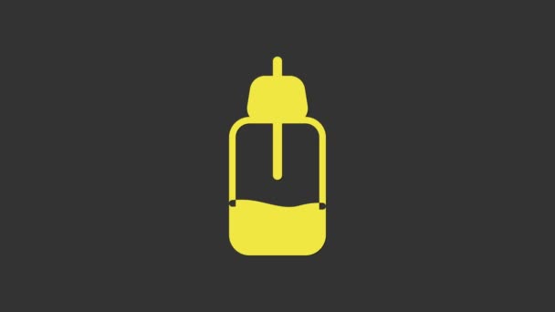 Κίτρινη αιθέρια μπουκάλι λάδι εικονίδιο απομονώνονται σε γκρι φόντο. Οργανική αρωματοθεραπεία. Δέρμα φροντίδα γυάλινη σταγόνα ορού. 4K Γραφική κίνηση κίνησης βίντεο — Αρχείο Βίντεο