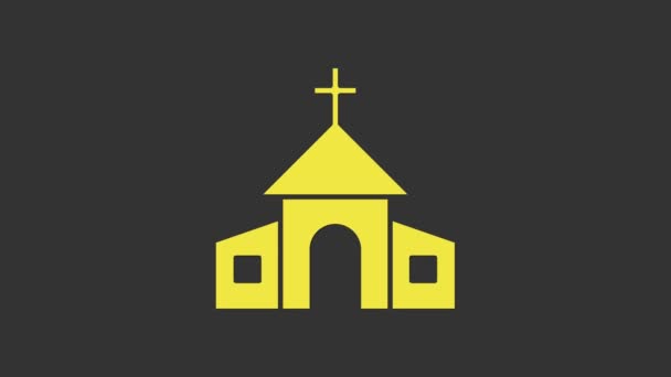 灰色の背景に隔離された黄色の教会の建物のアイコン。キリスト教会。教会の宗教。4Kビデオモーショングラフィックアニメーション — ストック動画