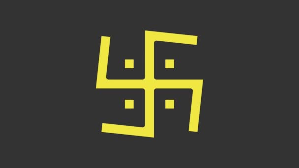 Желтая индуистская свастика икона религиозного символа изолирована на сером фоне. Видеографическая анимация 4K — стоковое видео