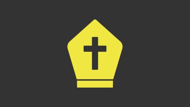 Sárga pápa kalap ikon elszigetelt szürke háttér. Keresztény kalaptábla. 4K Videó mozgás grafikus animáció — Stock videók