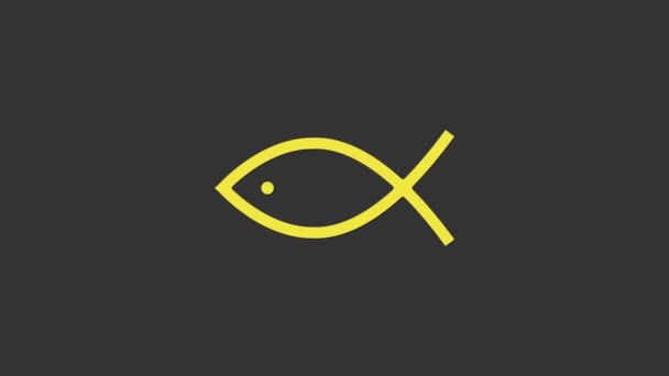 Icono símbolo de pez cristiano amarillo aislado sobre fondo gris. Jesús pez símbolo. Animación gráfica de vídeo 4K — Vídeos de Stock