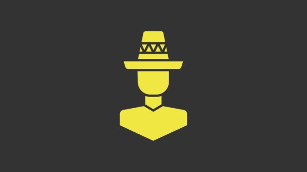 Sárga mexikói férfi, szürke alapon elszigetelt sombrero ikont visel. Spanyol férfi bajusszal. 4K Videó mozgás grafikus animáció — Stock videók