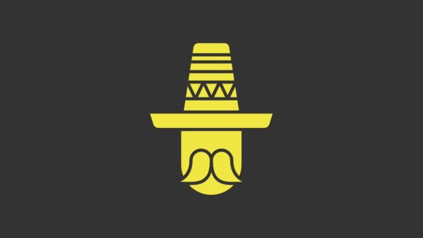 Žlutý Mexičan s ikonou sombrero izolovanou na šedém pozadí. Hispánec s knírkem. Grafická animace pohybu videa 4K — Stock video