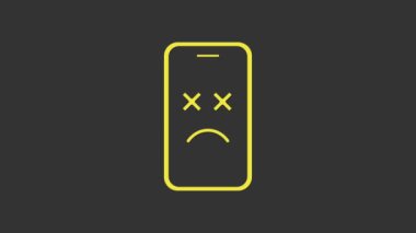 Sarı Ölü mobil simgesi gri arkaplanda izole edildi. Ölen dijital cihaz emojisi sembolü. Ceset akıllı telefonu yüz duygusunu gösteriyor. 4K Video hareketli grafik canlandırması