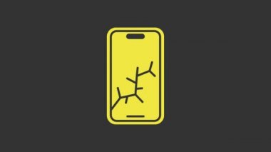 Kırık ekran simgesine sahip sarı akıllı telefon gri arkaplanda izole edildi. Parçalanmış telefon ekranı simgesi. 4K Video hareketli grafik canlandırması