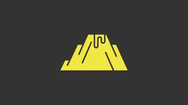 Gele vulkaan uitbarsting met lava icoon geïsoleerd op grijze achtergrond. 4K Video motion grafische animatie — Stockvideo