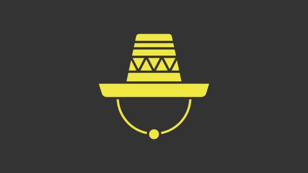 Жовта традиційна мексиканська піктограма сомбреро капелюха ізольована на сірому фоні. 4K Відео рух графічна анімація — стокове відео