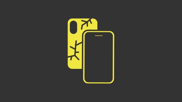 Gul Smartphone med bruten skärm ikon isolerad på grå bakgrund. En trasig telefonskärmsikon. 4K Video motion grafisk animation — Stockvideo