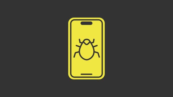 Bug système jaune sur icône mobile isolé sur fond gris. Concept de bug de code. Bug dans le système. Recherche de bugs. Animation graphique de mouvement vidéo 4K — Video