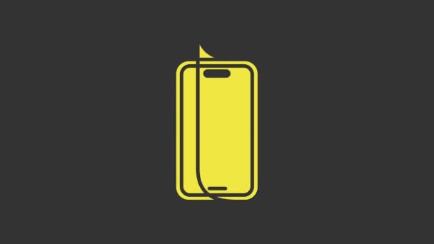 Protector de pantalla de cristal amarillo para icono de smartphone aislado sobre fondo gris. Película protectora para vidrio. Vidrio suave transparente para teléfono móvil. Animación gráfica de vídeo 4K — Vídeo de stock