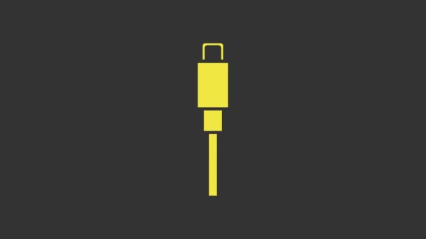 Sarı USB kablo ikonu gri arkaplanda izole edildi. PC ve mobil cihazlar için bağlantı ve soketler. 4K Video hareketli grafik canlandırması — Stok video