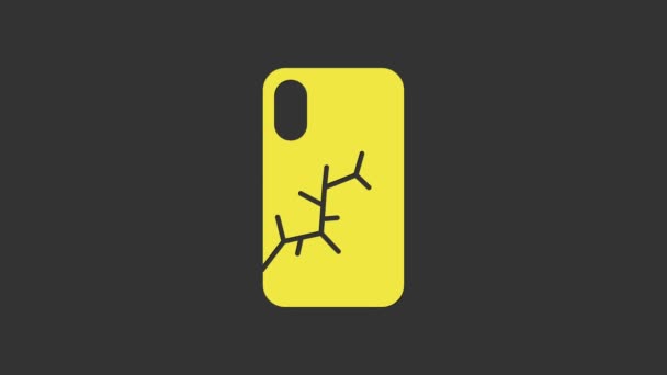 Smartphone amarillo con icono de pantalla rota aislado sobre fondo gris. Icono de pantalla del teléfono roto. Animación gráfica de vídeo 4K — Vídeos de Stock