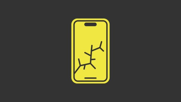 Smartphone amarelo com ícone de tela quebrada isolado no fundo cinza. Ícone de tela do telefone quebrado. Animação gráfica em movimento de vídeo 4K — Vídeo de Stock
