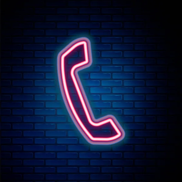 Linea Neon Incandescente Telefono Icona Portatile Isolato Sfondo Muro Mattoni — Vettoriale Stock