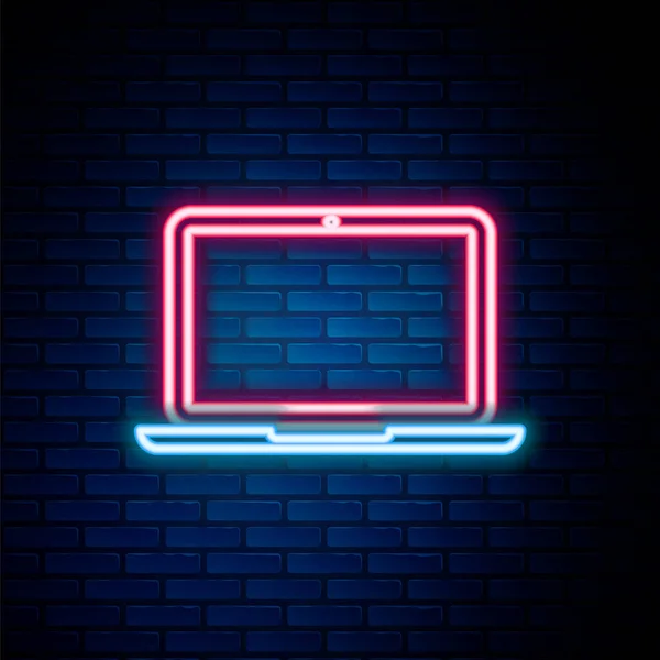 Zářící Neonová Čára Ikona Notebooku Izolovaná Pozadí Cihlové Stěny Počítačový — Stockový vektor
