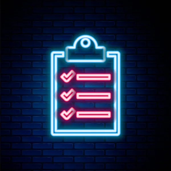 Gloeiende Neon Lijn Klembord Met Checklist Pictogram Geïsoleerd Baksteen Muur — Stockvector