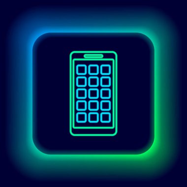Parlayan neon hattı Mobil Uygulamalar simgesi siyah arkaplanda izole edildi. Ekran simgeli akıllı telefon, uygulamalar. Cep telefonu ekranı görünüyor. Renkli taslak konsepti. Vektör