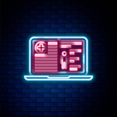 Duvarda izole edilmiş dizüstü bilgisayar simgesindeki parlak neon hattı tıbbi kayıtları. Sağlık sigortası formu. Tıbbi kontrol işaretleri raporu. Renkli taslak konsepti. Vektör