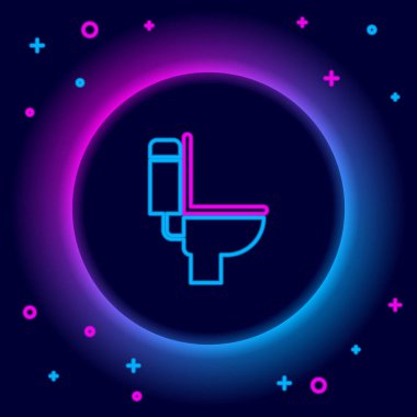 Parlayan neon hattı tuvalet klozeti ikonu siyah arka planda izole edilmiş. Renkli taslak konsepti. Vektör