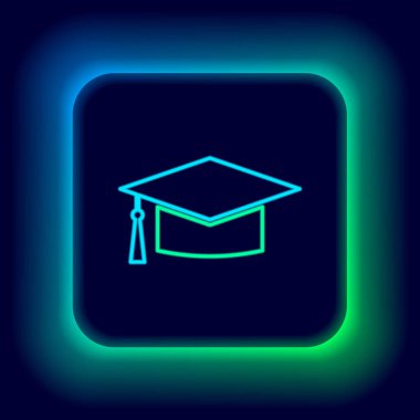 Parlayan neon hattı mezuniyet simgesi siyah arkaplanda izole edildi. Tassel ikonlu mezuniyet şapkası. Renkli taslak konsepti. Vektör