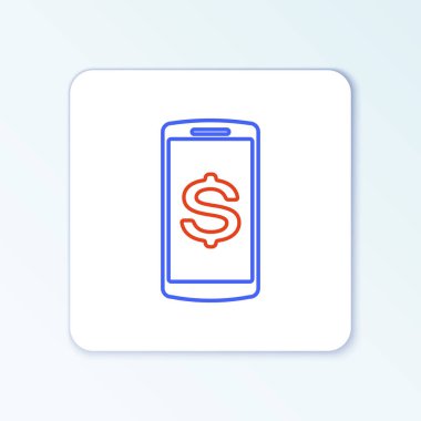 Beyaz arkaplanda dolar sembolü olan çizgi akıllı telefonu. İnternetten alışveriş konsepti. Finansal cep telefonu. Çevrimiçi ödeme. Renkli taslak konsepti. Vektör