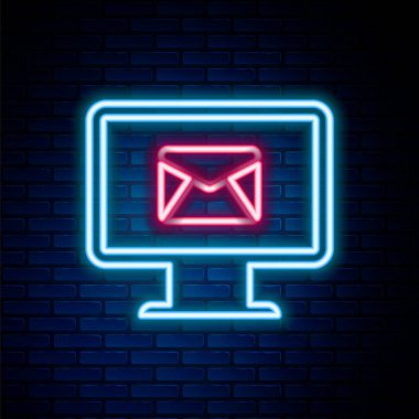 Glowing neon line Monitor and envelope, new message, mail, email icon isolated on brick wall background. Usage for e-mail newsletters, headers, blog posts. Colorful outline concept. Vector