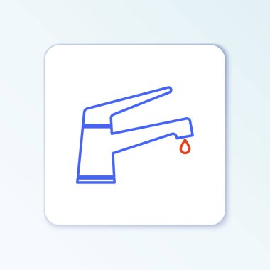 Beyaz arka planda izole edilmiş, düşen bir su damlası ikonu olan hat suyu musluğu. Renkli taslak konsepti. Vektör