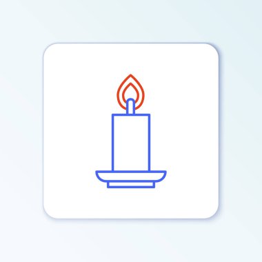 Satır Yanan mum simgesi beyaz arkaplanda izole edildi. Silindirik mum çubuğu ve yanan ateş. Renkli taslak konsepti. Vektör